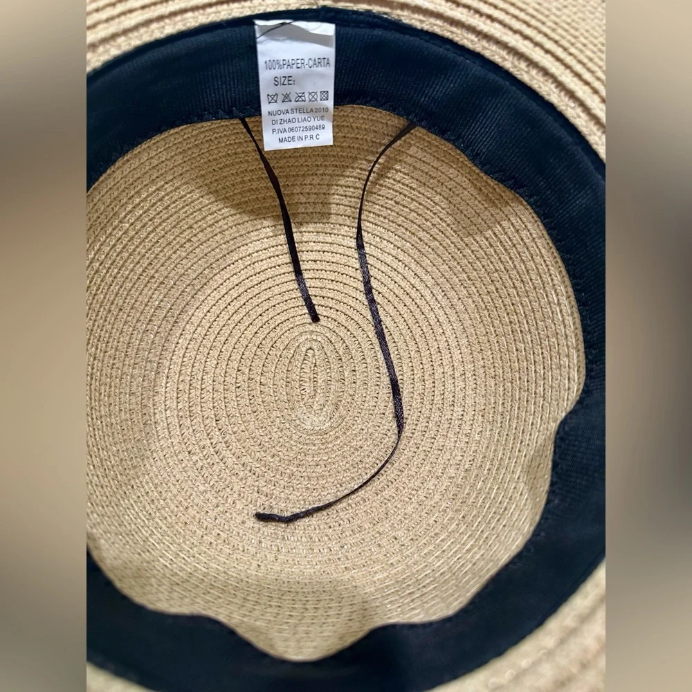 Women’s tan straw hat with brown & white polka dot band and bowknot - Picture 5 of 5